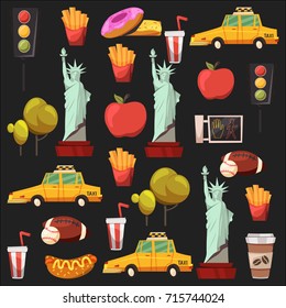 New york Set Vector pattern with flat icons Taxi, apple, donut, statue of Liberty New york Usa travel