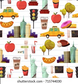 New york Set Vector pattern with flat icons Taxi, apple, donut, statue of Liberty New york Usa travel