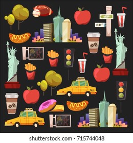 New york Set Vector pattern with flat icons Taxi, apple, donut, statue of Liberty New york Usa travel