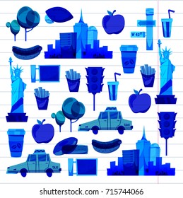 New york Set Vector pattern with flat icons Taxi, apple, donut, statue of Liberty New york Usa travel