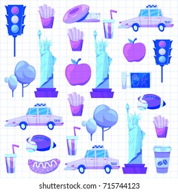 New york Set Vector pattern with flat icons Taxi, apple, donut, statue of Liberty New york Usa travel
