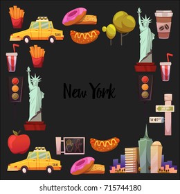 New york Set Vector pattern with flat icons Taxi, apple, donut, statue of Liberty New york Usa travel