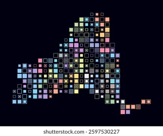 New York, shape of the state build of colored cells. Digital style map of the New York on dark background. Large size square blocks. Awesome vector illustration.