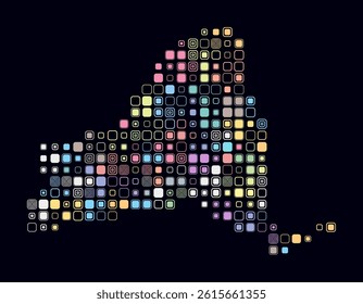 New York, shape of the state build of colored cells. Digital style map of the New York on dark background. Large size rounded square blocks. Trending vector illustration.