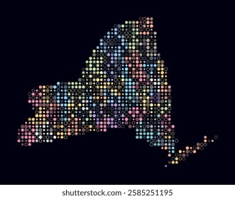 New York, shape of the state built of colored cells. Digital style map of New York on dark background. Small size circle blocks. Beautiful vector illustration.