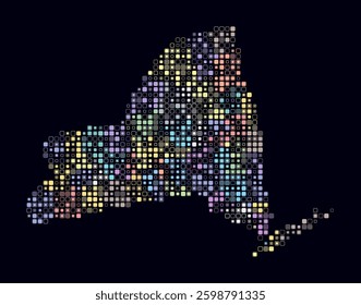 New York, shape of the state built of colored cells. Digital style map of New York on dark background. Small size rounded square blocks. Simple vector illustration.