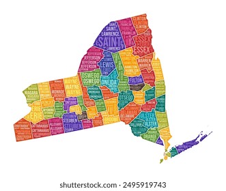 Neue York-Form. Staatswortwolke mit County Division. Neue York farbige Illustration. In: County names cloud. Vektorillustration.