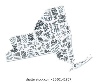 New York shape text cloud. State border with shadow on white background. New York with counties division in vintage gazette style. Classy vector illustration.