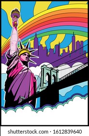 New York Showplaces Psychedelic Art Style Poster, Statue of Liberty, Bridge, Cityscape Silhouette, Rainbow, Clouds, Bright Colors