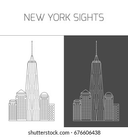 New York sights. Vector attractions of New York city in thin line icon style in black and white for design of tourist guide, brochure or banner Freedom Tower. One World Trade Center