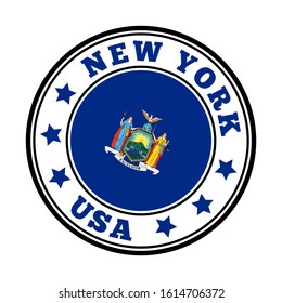 New York sign with state flag in a round logo. Vector illustration.