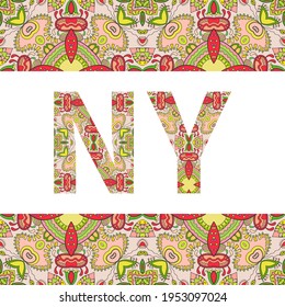 Cartel de Nueva York con adorno étnico tribal. Patrón de borde de cuadro árabe decorativo. Símbolo NY, fondo vectorial o diseño de tarjeta