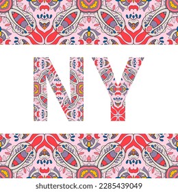 New York sign with tribal ethnic ornament. Decorative arabic frame border pattern. NY symbol, vector background or card design