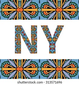 New York sign and tribal ethnic ornamental frame border, elements for invitation or card design. Vector abstract geometric background with decorative letters.