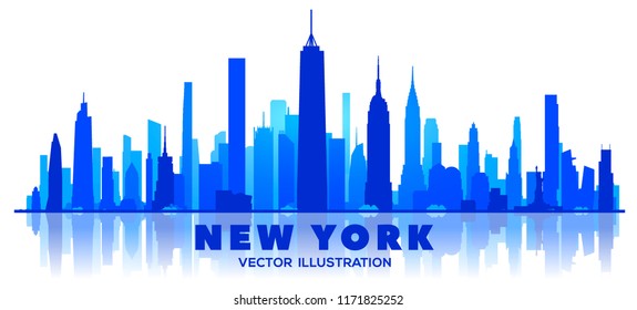 Silueta de Nueva York con vistas en fondo blanco. Ilustración vectorial. Concepto de viajes de negocios y turismo con edificios modernos. Imagen para presentación, banner, sitio web.