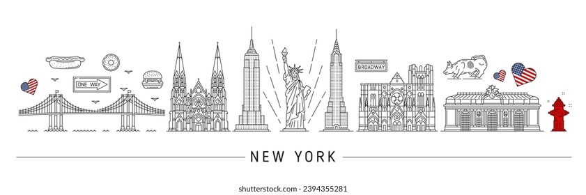 New York silhouette. USA travel landmarks of vector thin line Statue of Liberty, Brooklyn bridge, hot dog and hamburger. Chrysler and Empire State building outline skyscrapers, grand central terminal