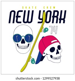 New York skate crew vector print.Skull and skateboard drawing.Cute t-shirt design for kids.Vector print.