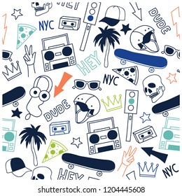 New York skate seamless pattern. Cute repeat pattern for kids.Vector illustration design for fashion fabrics, textile graphics, prints, wallpapers and other uses.