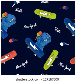 New York skate seamless pattern.Skater dinosaur character design.Dinosaur,skateboard,cap drawing.Cool t-shirt design.