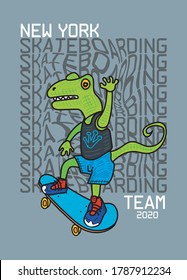 new york skateboarding team cartoon lizard,t-shirt design fashion vector