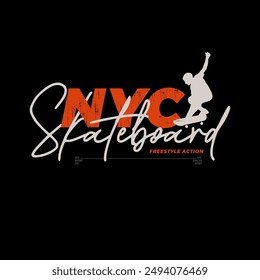 New York, skateboarding typography for t-shirt print. Athletic patch for tee graphic. T-shirt design. Vector
