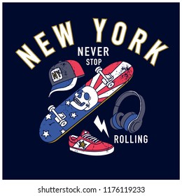 New York skater graphic design.Skateboard,cap,shoes,headphone drawing.Skateboard print.Vector illustration design for fashion fabrics, textile graphics, prints, wallpapers and other uses.
