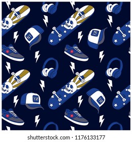 New York skater seamless pattern.Skateboard,cap,shoes,headphone drawing.Skateboard print.Vector illustration design for fashion fabrics, textile graphics, prints, wallpapers and other uses.