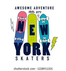 New York skaters. Skateboards drawing.Fun t-shirt design for kids.Vector illustration design for fashion fabrics, textile graphics, print.