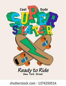 New York skaters. Skateboards drawing.Fun t-shirt design for kids.textile graphics, print.