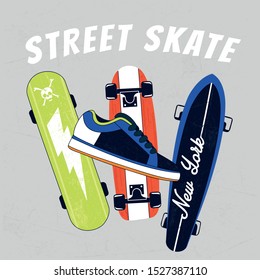 New York skaters. Skateboards and skate shoe drawing.Fun t-shirt design for kids.Vector illustration design for fashion fabrics, textile graphics, print.