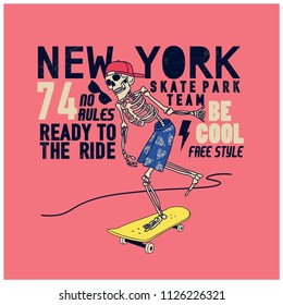 New York skeleton skater vector print.Funny t-shirt design.Funny skeleton drawing.Skate board vector illustration.