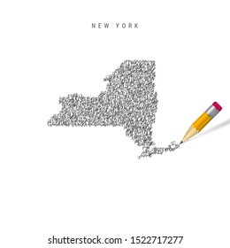 New York sketch scribble map isolated on white background. Hand drawn vector map of New York. Realistic 3D pencil with eraser.