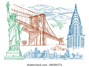 New York sketch vector set. The statue of Liberty, city skyline, skyscrapers, sky, clouds, Chrysler Building, Brooklyn bridge,  yellow tax.  svg