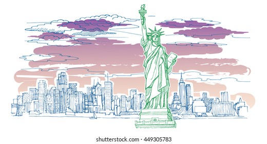 New York sketch vector set. The statue of Liberty, city skyline, skyscrapers, sky, clouds, sunset. Beautiful view of the city.