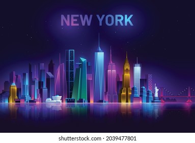 New York Skyline, America night city illuminated by neon lights, USA cityscape on a dark background horizontal banner