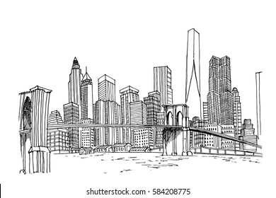 New York Skyline. Black and white vector sketch.