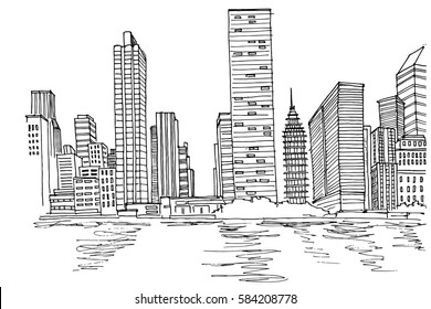 New York Skyline. Black and white vector sketch.