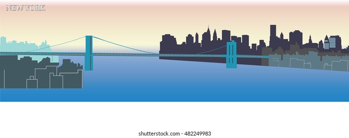 New York Skyline - Cityscape - big buildings - water reflection - bridge - vector