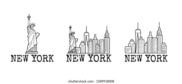 New York skyline cityscape line drawings set  Vector sketch illustration isolated white  