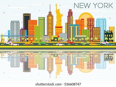 New York Skyline with Color Buildings, Blue Sky and Reflections. Vector Illustration. Business Travel and Tourism Concept with Modern Architecture. Image for Presentation Banner Placard and Web Site