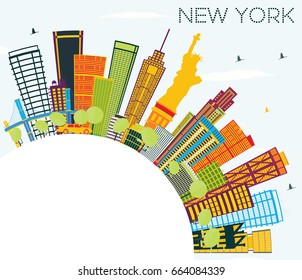 New York Skyline with Color Buildings, Blue Sky and Copy Space. Vector Illustration. Business Travel and Tourism Concept with Modern Architecture. Image for Presentation Banner Placard and Web Site.