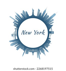 New York skyline with colorful buildings. Circular style. Stock vector illustration.