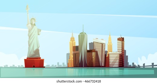 New york skyline design concept with statue of liberty empire state building chrysler building freedom tower flat vector illustration 