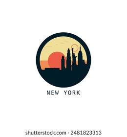 New York skyline, downtown panorama logo, logotype. USA, NYC round badge contour, isolated vector vintage pictogram with monuments, landmarks