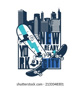 New York skyline drawing.Skateboard vector print. Fun t-shirt design for kids.Cool t-shirt design vector print.