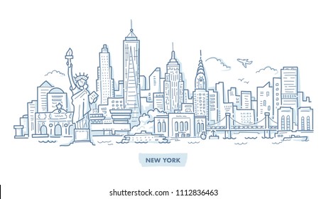 New York Skyline with Famous Landmarks. Hand Drawn Doodle Illustration