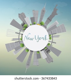 New York Skyline with Gray Buildings, Blue Sky and Copy Space. Business travel and tourism concept with place for text. Image for presentation, banner, placard and web site. Vector Illustration.