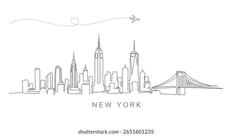 New York Skyline com Line Art, Avião e Viagens.