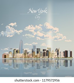 New york Skyline. Manhattan financial district with skyscrapers over East River. Vector illustration.