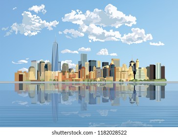 New york Skyline. Manhattan financial district with skyscrapers over East River. Vector illustration.